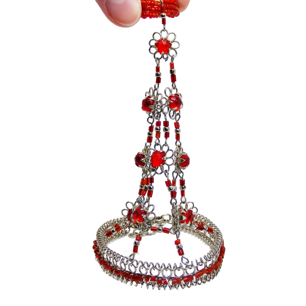 Bransoletka indyjska z pierścionkiem – czerwona, unikatowa, używana