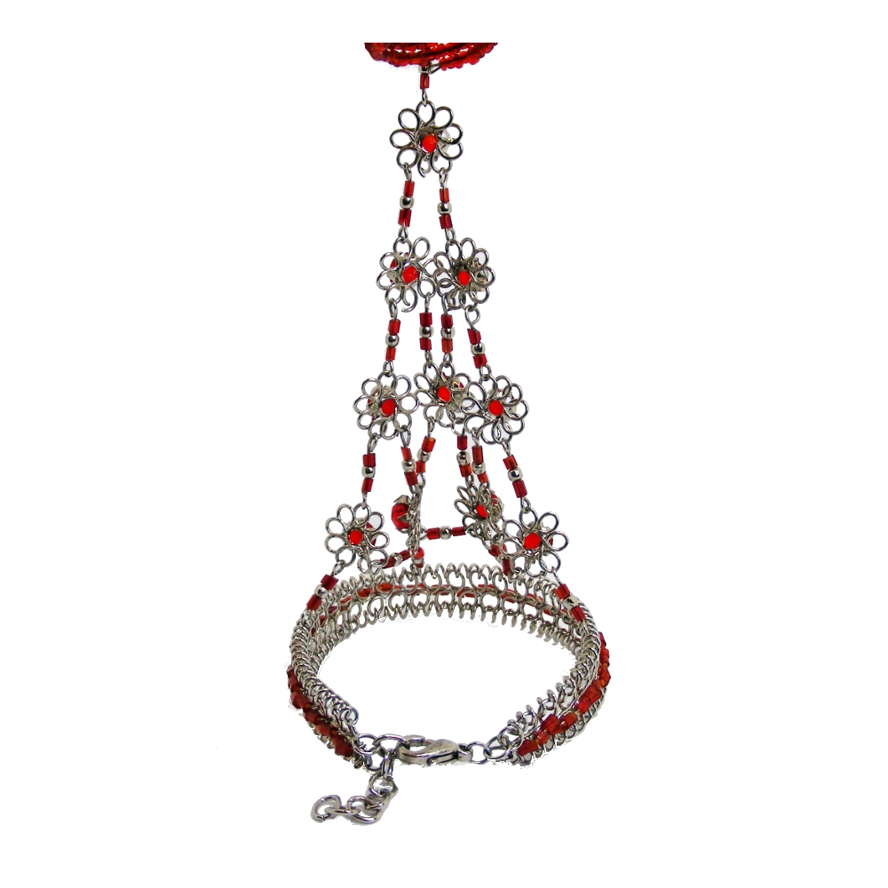 Bransoletka indyjska z pierścionkiem – czerwona, unikatowa, używana