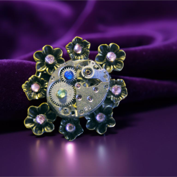 Steampunkowa Broszka Kwiatowa – Mechanizm Zegarkowy i Cyrkonie