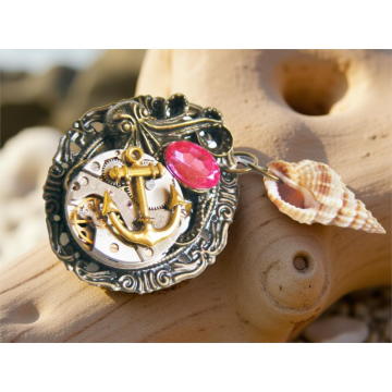 Steampunkowa Broszka Morska – Mechanizm Zegarkowy, Kotwica, Ośmiornica i Muszla