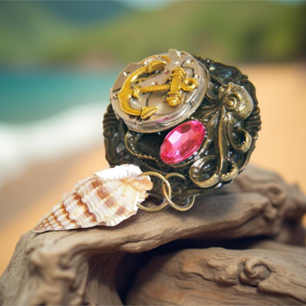 Steampunkowa Broszka Morska – Mechanizm Zegarkowy, Kotwica, Ośmiornica i Muszla