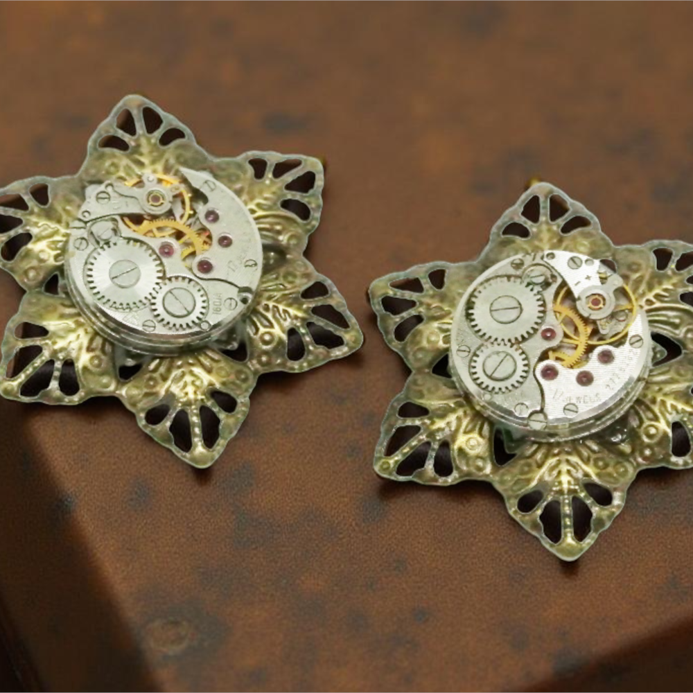 Steampunkowa Broszka z Ażurową Bazą i Mechanizmem Zegarkowym