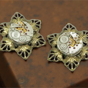 Steampunkowa Broszka z Ażurową Bazą i Mechanizmem Zegarkowym