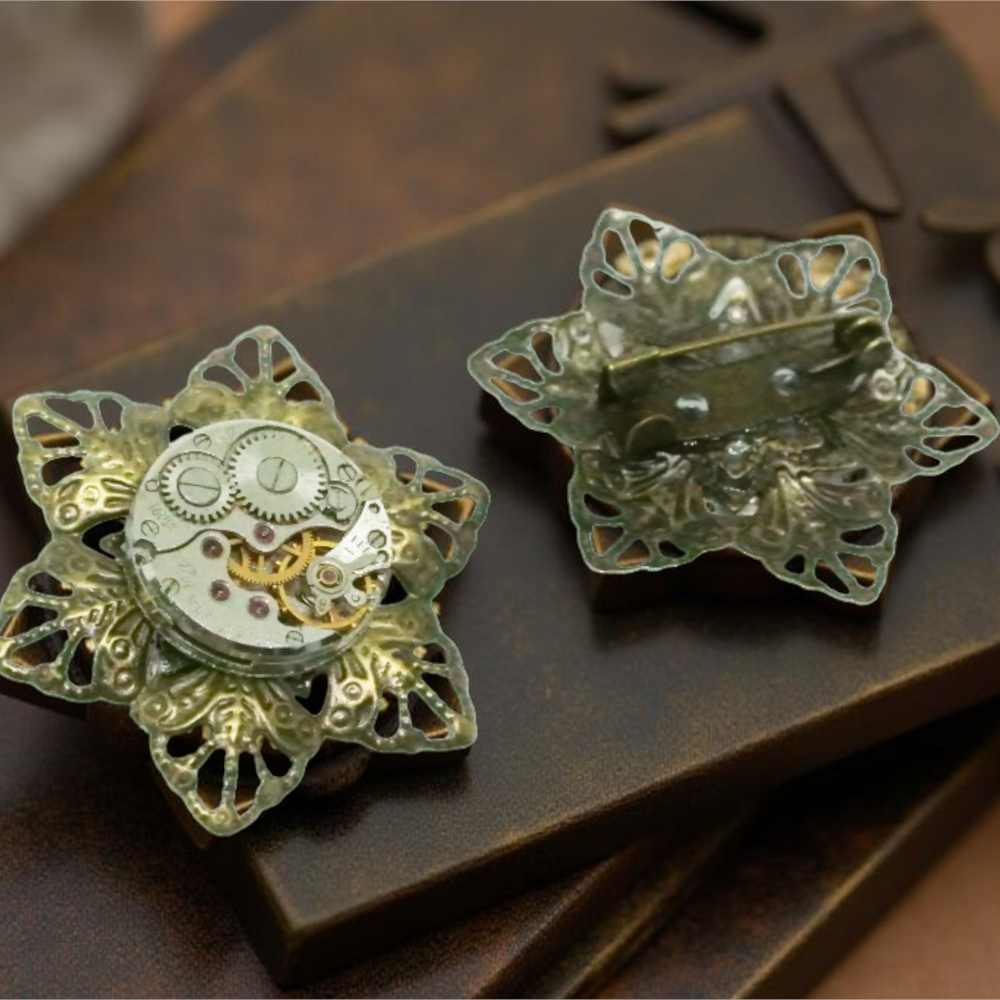 Steampunkowa Broszka z Ażurową Bazą i Mechanizmem Zegarkowym