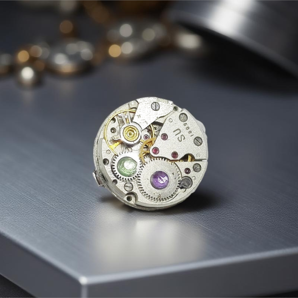 Steampunkowa Broszka z Mechanizmem Zegarkowym i Cyrkoniami