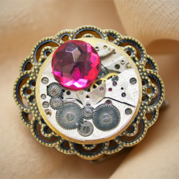 Steampunk Brooch with Watch Mechanism & Red Zirconia