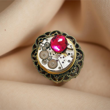Steampunk Brooch with Watch Mechanism & Red Zirconia
