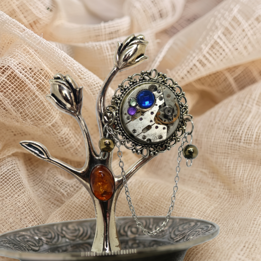 Steampunk Brooch with Watch Mechanism & Chain