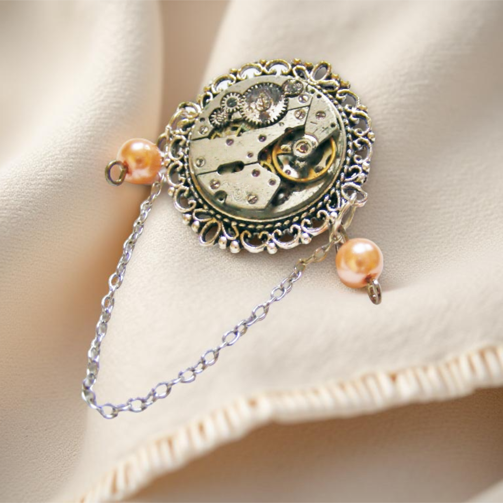 Steampunk Brooch with Watch Mechanism & Chain