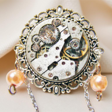 Steampunk Brooch with Watch Mechanism & Chain