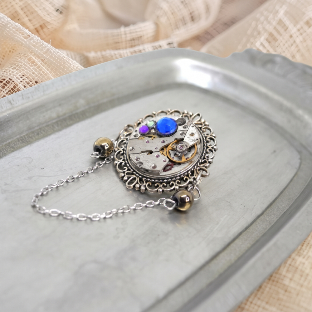 Steampunk Brooch with Watch Mechanism & Chain