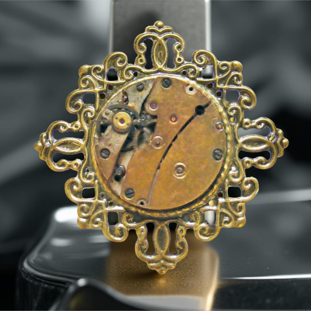 Steampunkowa Broszka z Mechanizmem Zegarkowym – Antyczny Brąz