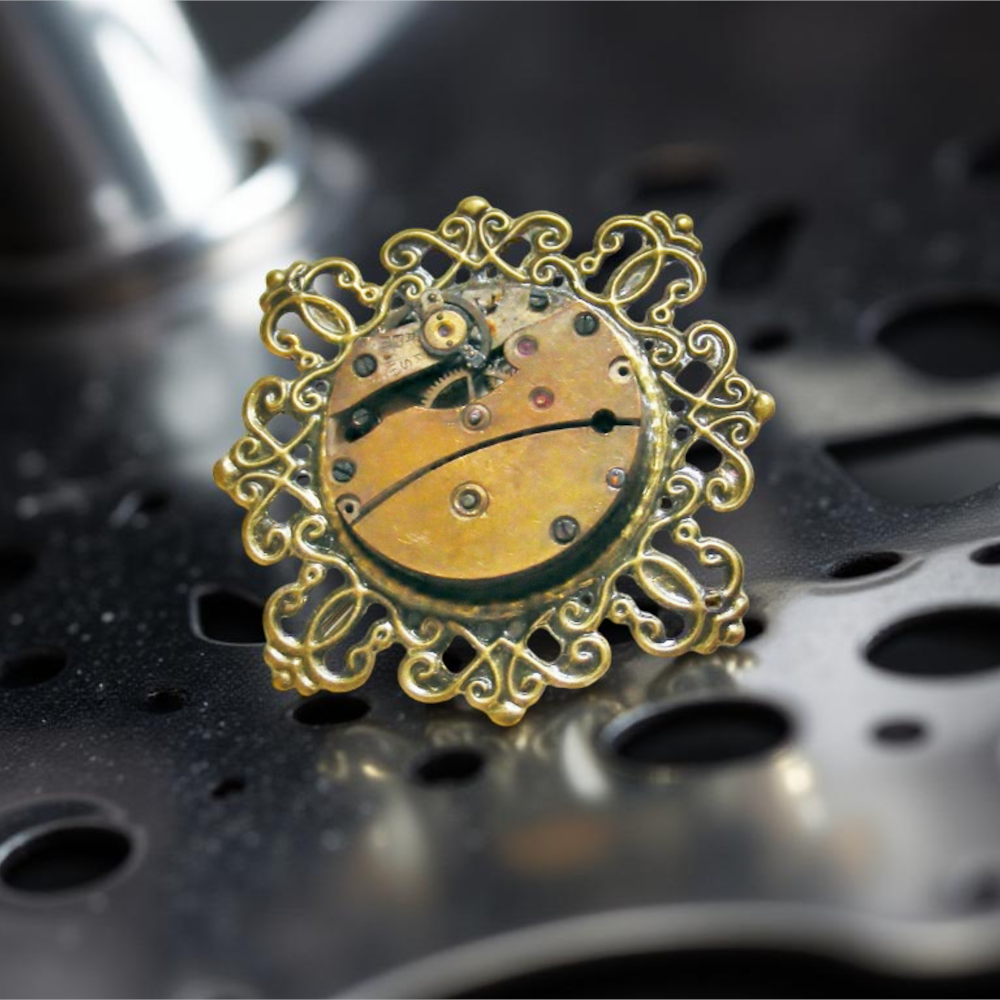 Steampunkowa Broszka z Mechanizmem Zegarkowym – Antyczny Brąz