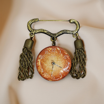 Steampunk Brooch with Watch Dial Encased in Resin & Chain Pendants