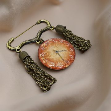 Steampunk Brooch with Watch Dial Encased in Resin & Chain Pendants