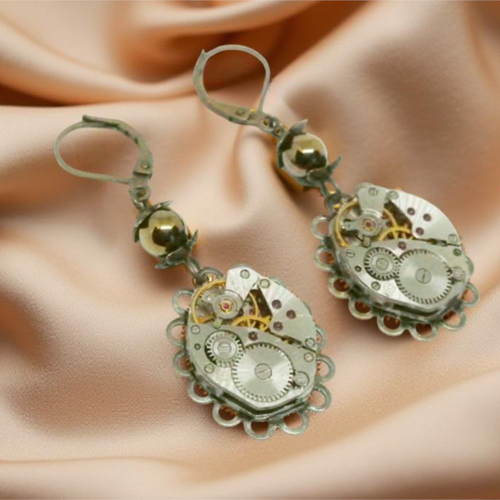 Kolczyki Steampunkowe – Mechanizmy Zegarkowe z Hematytami