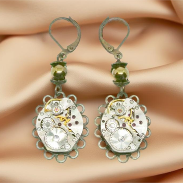 Kolczyki Steampunkowe – Mechanizmy Zegarkowe z Hematytami