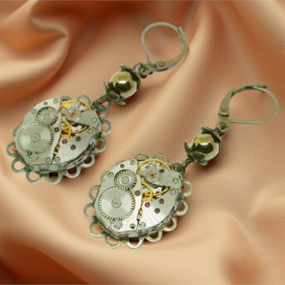 Kolczyki Steampunkowe – Mechanizmy Zegarkowe z Hematytami