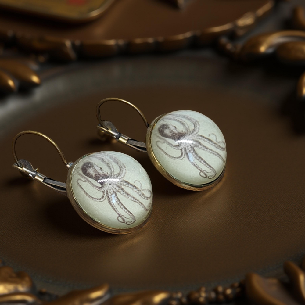 Kolczyki steampunk z grafiką - Ośmiornica II