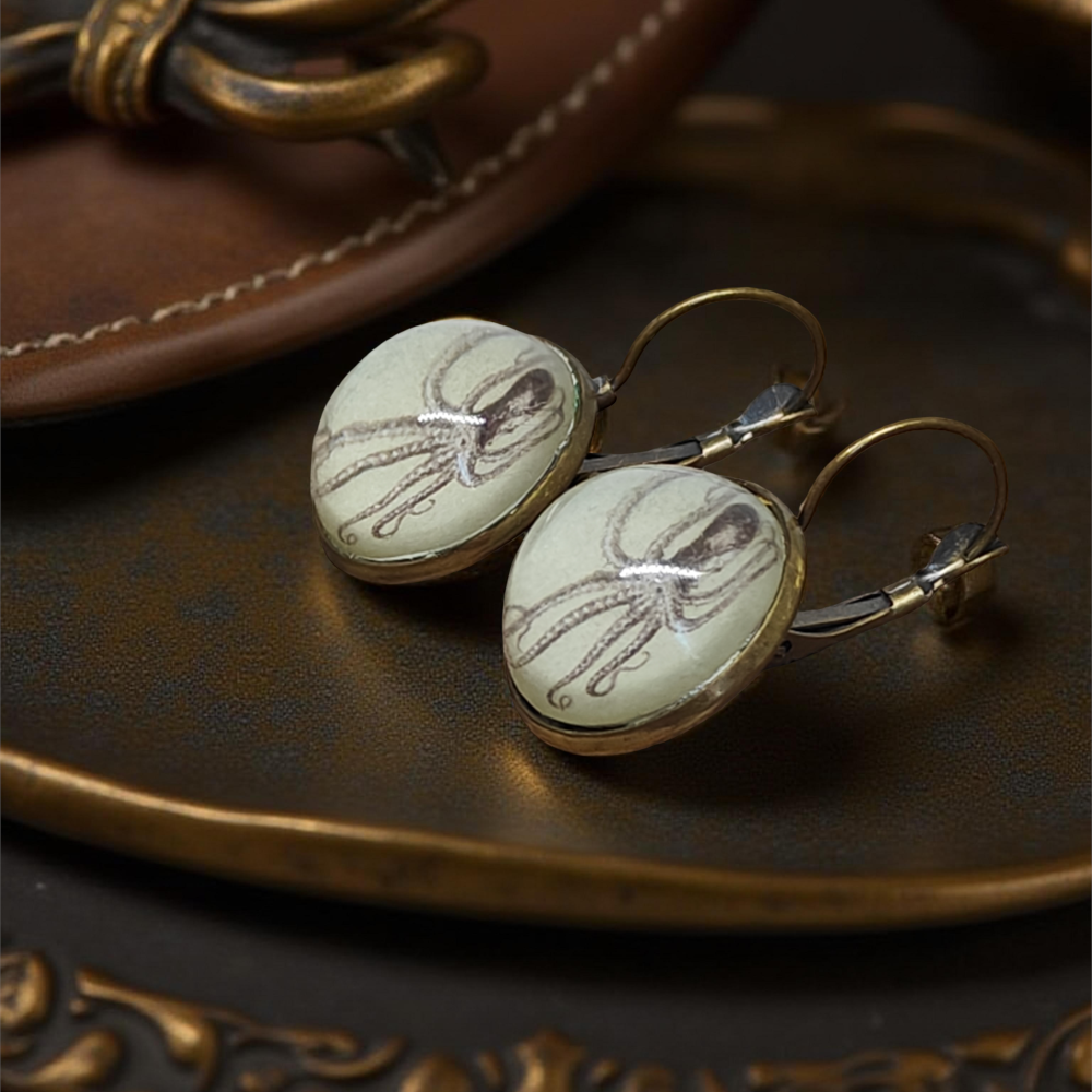 Kolczyki steampunk z grafiką - Ośmiornica II