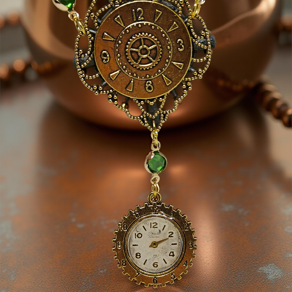 Naszyjnik Steampunkowy „Koła Czasu” – Zębate Koła i Tarcza Zegarka