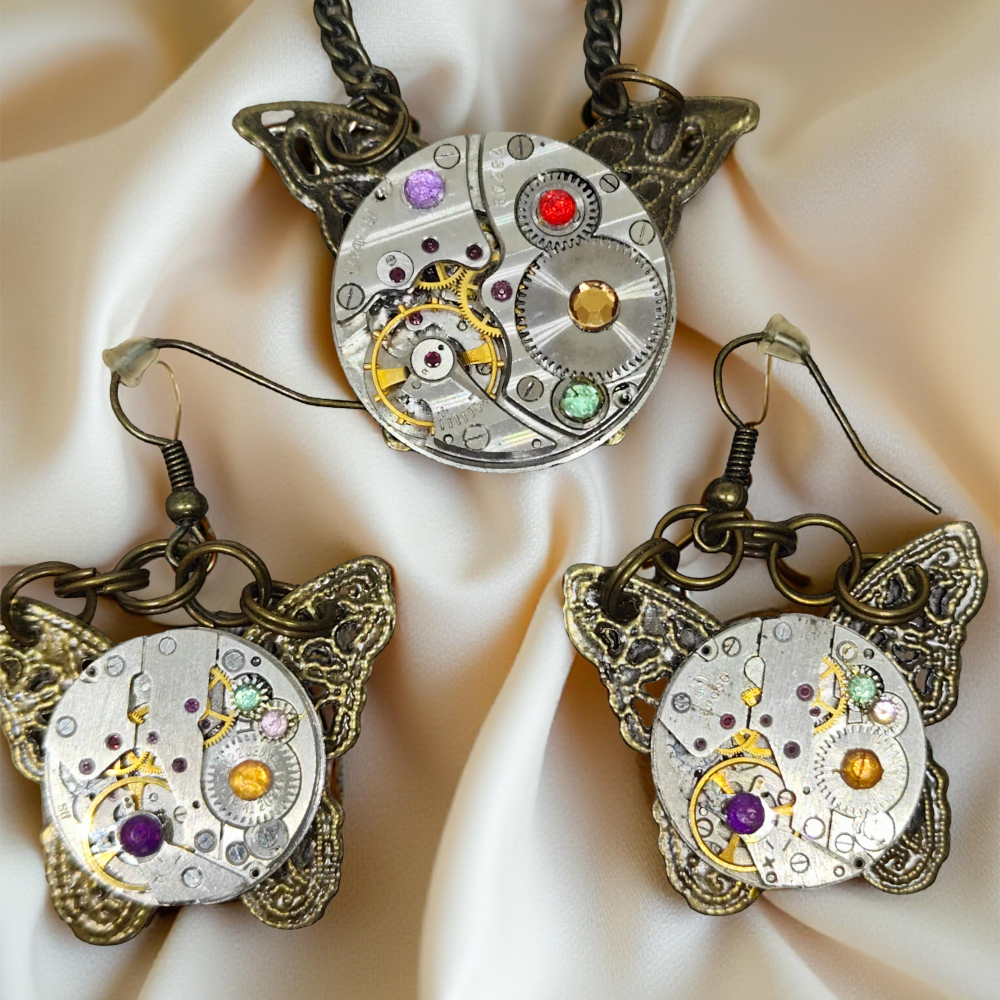 Zestaw Steampunk: Wisiorek + Kolczyki Motyle