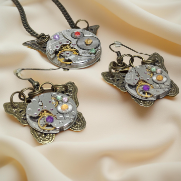 Zestaw Steampunk: Wisiorek + Kolczyki Motyle