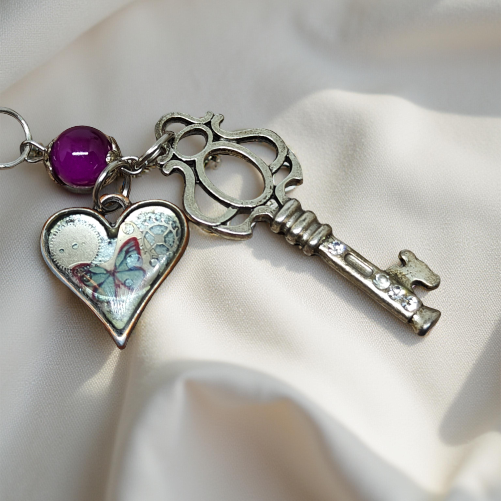 Industrial Pendant – Key with Heart and Watch Mechanisms