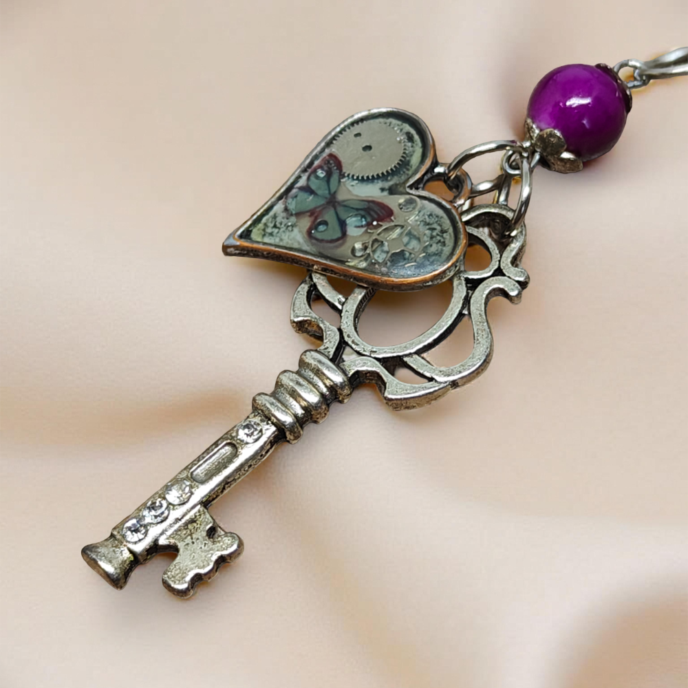 Industrial Pendant – Key with Heart and Watch Mechanisms