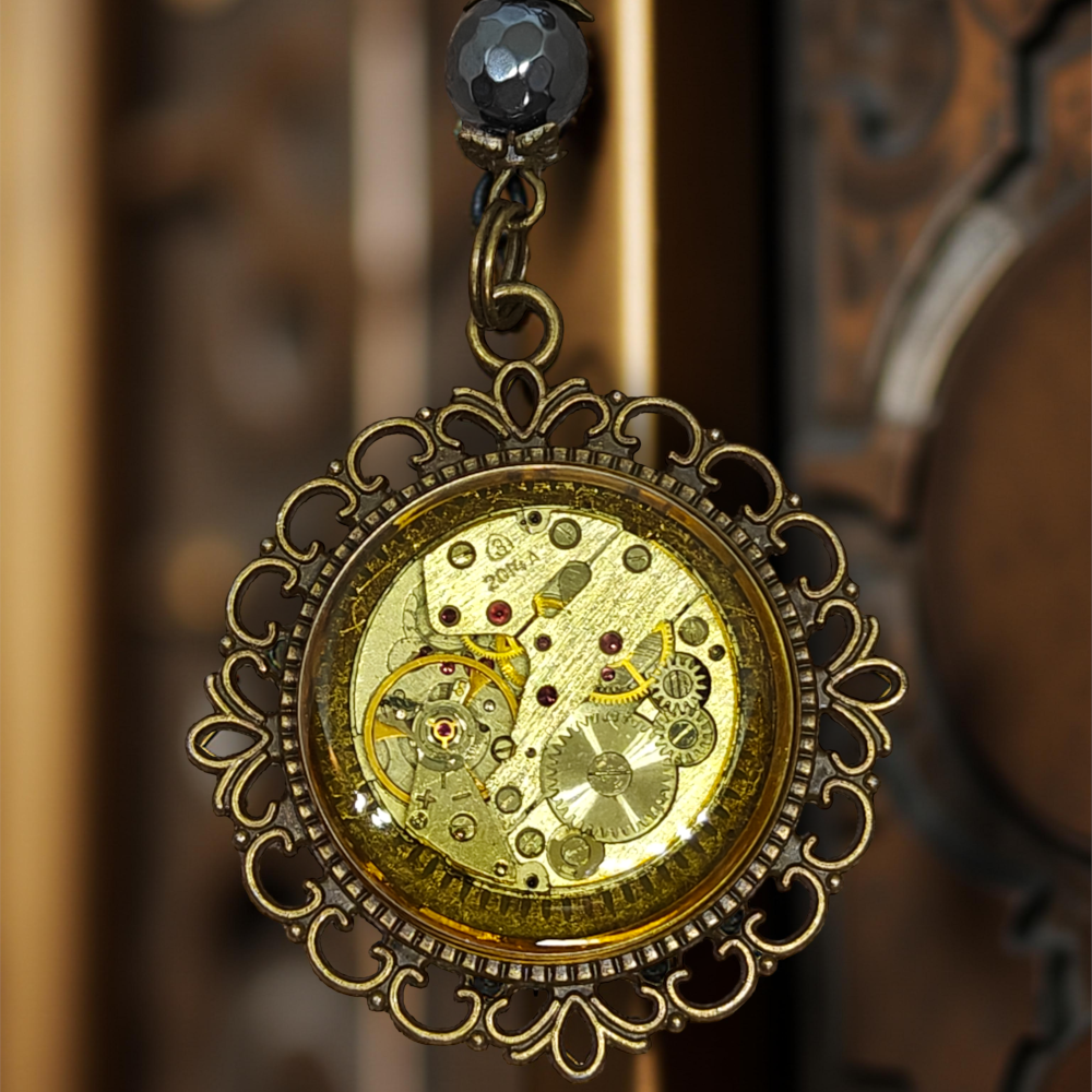 Industrialny Wisiorek Steampunk XXVI z Mechanizmem Zegarkowym i Żywicą
