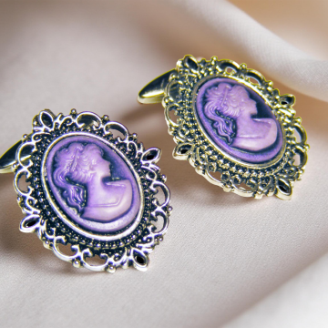 Damskie spinki do mankietów z fioletową kameą – styl wiktoriański