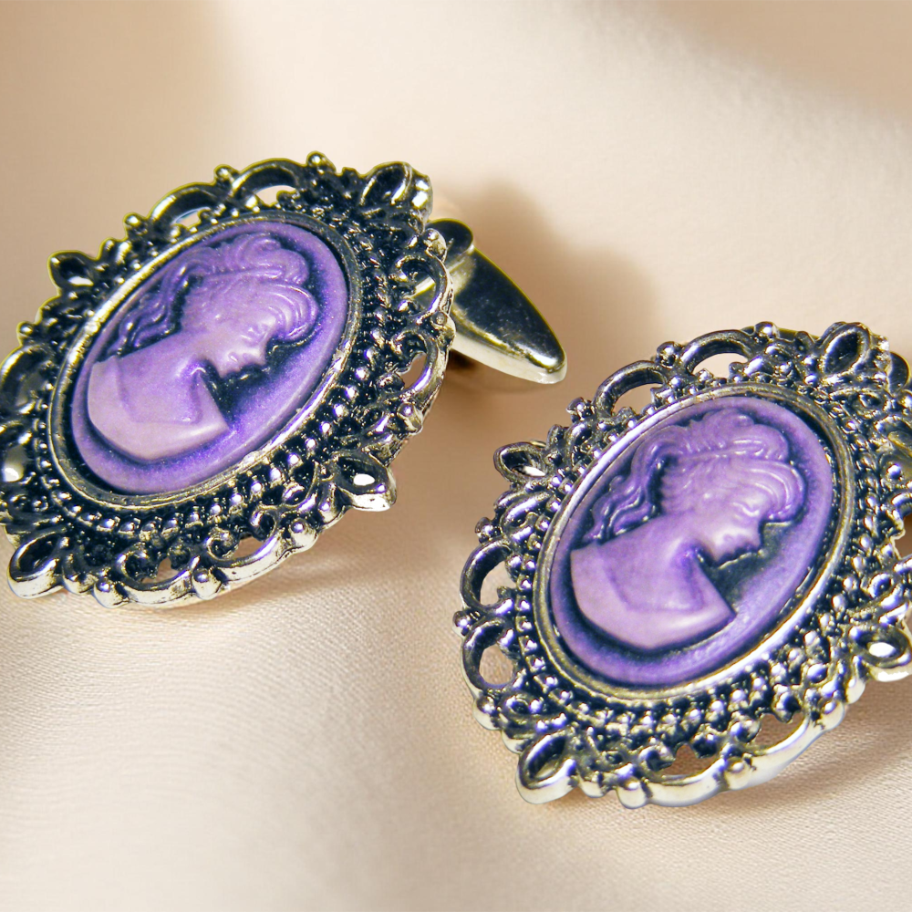 Damskie spinki do mankietów z fioletową kameą – styl wiktoriański