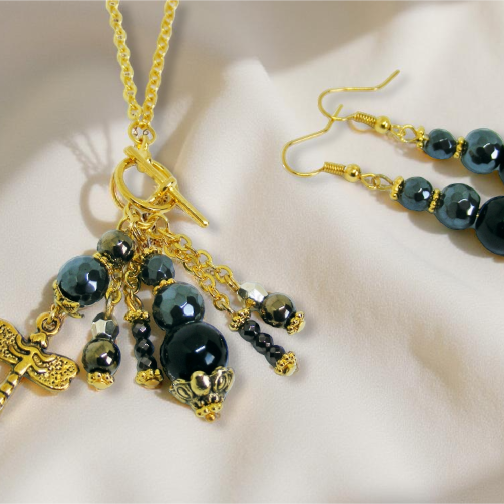 Wiktoriańska zawieszka z hematytem i kolczykami – komplet biżuterii retro