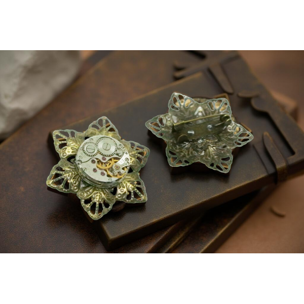 Steampunkowa Broszka z Ażurową Bazą i Mechanizmem Zegarkowym