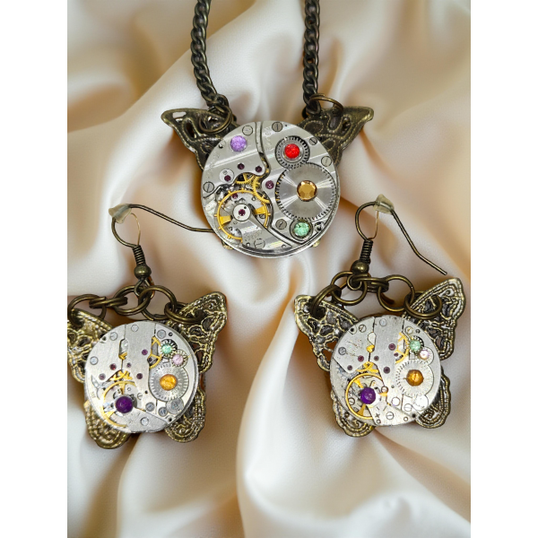 Zestaw Steampunk: Wisiorek + Kolczyki Motyle
